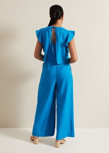 Phase Eight Petite Aubrey Blue Linen Frill Jumpsuit Blue Canada | KAFGCN-458